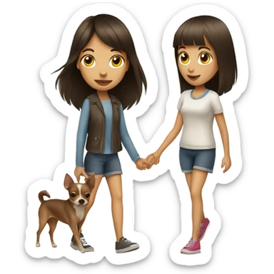 A brunette girl with fringe walking with her chihuahua  sticker