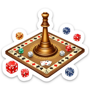 A photorealistic icon featuring dice, playing cards, game tokens, a spinning top, and a game board with various pieces on it. Bright, detailed design with realistic textures and lighting, capturing the fun and strategy of board games. Transparent background, symbolizing tabletop games. sticker