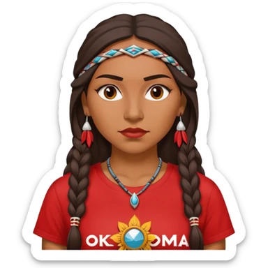 Native American woman in a red “OKLAHOMA” t-shirt sticker