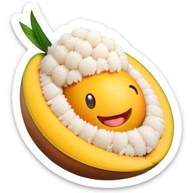 Cinematic Realistic Mango Sticky Rice Dessert Emoji, showcasing sweet sticky rice paired with ripe mango slices and coconut milk rendered with lifelike detail and warm, inviting lighting. sticker