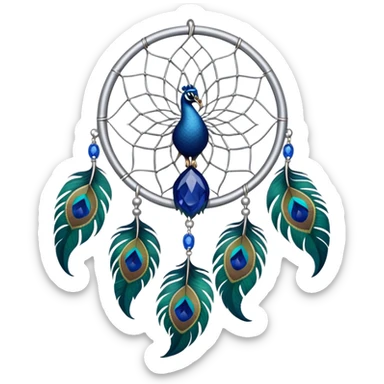 a Silver Dreamcatcher with sapphire-stones and emerald-stones, and with peacock-feathers sticker