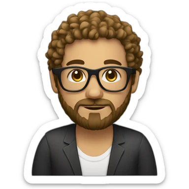 men with black curly hair and beard and golden glasses work hard on computer sticker