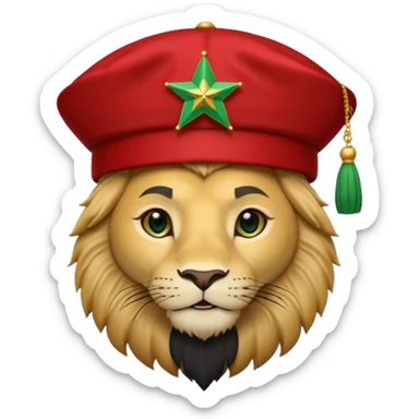 Cute lion emoji face wearing a Red Moroccan fez hat with a flat top, straight sides, a green five-pointed star on the front, and a thin black tassel hanging from the right side. sticker