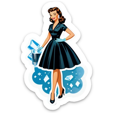 Beautiful woman in 1950’s woman fashion look, black shimmery dress, long dark brown hair, whisky with ice sticker