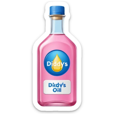 bottle of oil blue top pink outside with logo that says Diddys Oil sticker