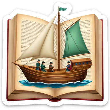 Icon for Reading Fiction: a large open book with pages turning, a sailboat sailing across the pages, Musketeers on horseback, Sherlock Holmes and other literary elements. The icon should evoke the adventurous spirit of storytelling. Transparent background. sticker