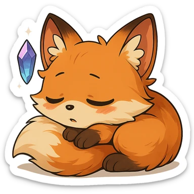 Add a magical floating crystal to the chibi sleepy fox. Keep the background transparent. sticker