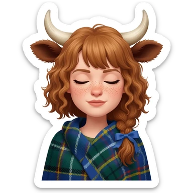 buff curly woman with freckles with messy light brown bangs covering the eyes with cow horns and cow brown ears with ribbon in her hair with body covered in Scottish flag like a blanket sticker