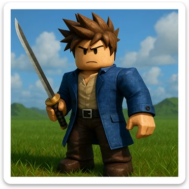 Roblox Blox Fruit character with spiky hair and sword, authentic Roblox style, not chibi, detailed digital art sticker