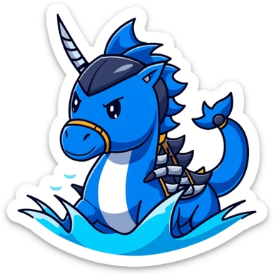 Black ninja water horse with dark blue water elements flowing around it, spiky armor, fierce expression sticker