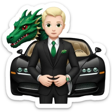 mysterious scenery: green audemars piguet watch (without text), black bugatti, and a dark green dragon, and a mysterious agent from The Matrix sticker