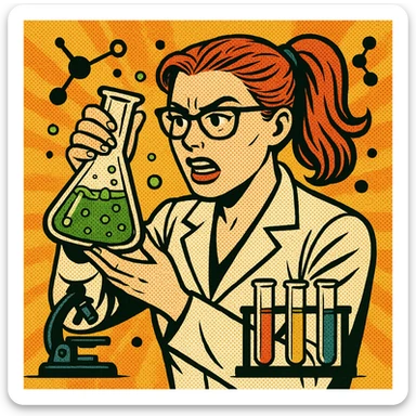 Add chemical accessories such as test tubes, flasks, a microscope, and molecules around the red-haired chemistry professor in a comic book style. sticker