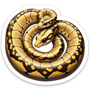 A photo-realistic top-down view of a Ball Python gently coiled into a tight spiral, with its head resting peacefully at the center. Its scales are warm brown with bold, irregular black markings, including the distinctive “alien-head” pattern, flowing smoothly along its body.  sticker