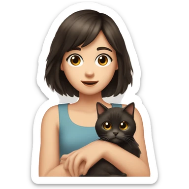 A pale girl with dark brown hair and dark brown eyes and bangs holds a cat in her hands and looks at her sticker