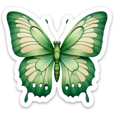 A green butterfly with watercolor wings resembling monstera leaves, featuring natural cutouts and soft botanical tones on a beige background. sticker