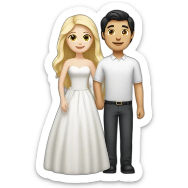 blond man, black hair white skin woman, marriage and holding gray cat sticker