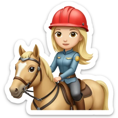 A blonde haired women wearing a helmet riding a horse sticker