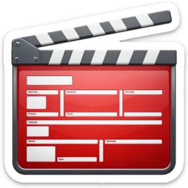 Glossy bright red clapperboard in the classic style of Apple icons: the top bar is tilted up-left, the body and bar with a deep glossy glare, dark gray edging, black background inside, perfectly square with rounded corners. 🔴🎬✨ sticker