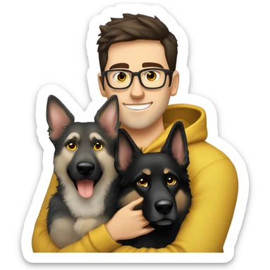 a handsome guy (dark brown hair, light blue colour eyes, thin stylish black glasses, hoodie) hugging a dog (grey colour german shepherd, yellow/brown eyes) sticker
