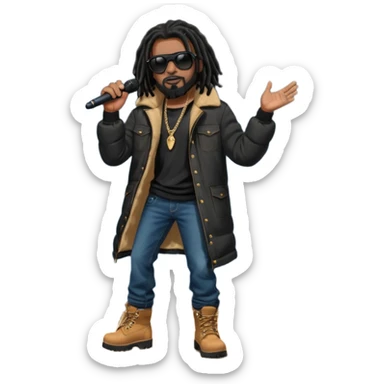 African American man with shoulder length black dreadlocks with black beard wearing dark black sunglasses wearing a black bubble coat wearing denim skinny jeans and timberland boots rapping into a microphone on stage sticker