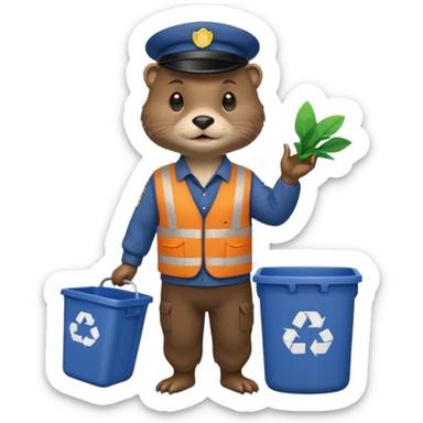 an otter dressed as a man picking up trash bins sticker