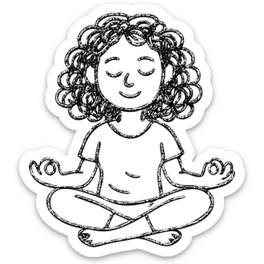 brunette girl with curly hair meditating, sitting cross-legged, hand drawn outlined icon sticker