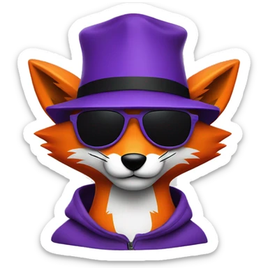 purple ad orange fox with wry smile, black sunglasses flat brim hat sticker