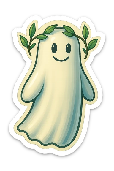 Make the leafy wreath on the ghost's head more sparse, with fewer leaves spaced out along the crown. Keep the ghost and background unchanged, and match the illustration style and colors. The wreath should look delicate and not too dense. Maintain the original illustration style and colors as seen in the reference image. sticker