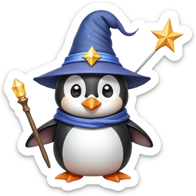 Cute penguin wearing wizard hat and holding a magic wand sticker