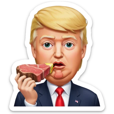 photorealistic Donald Trump eating a steak shaped like an earth sticker