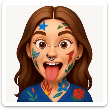 A 3D emoji in iOS emoji aesthetic style of a wild expressive person with colorful tattoos, multiple facial piercings, sticking out their tongue and making a funny face, glossy Apple-style design, clean white background, vibrant and bold look. sticker