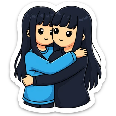 two white girls with long black hair hugging, one girl has bangs sticker