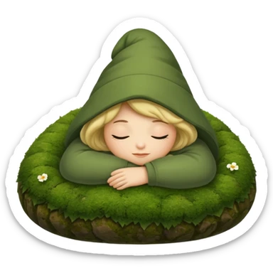 cozy forest character curled up on moss pillow with nightcap sticker