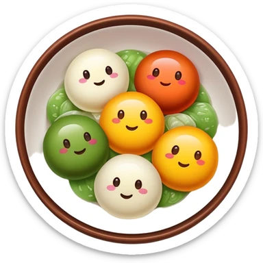 Shanghai Tangyuan sticky rice balls with colorful fillings in syrup, simplified emoji style with bold outlines and bright colors, cartoon style sweet Chinese dessert sticker