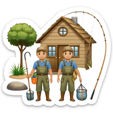 two guys entering on their house with fishing rods sticker