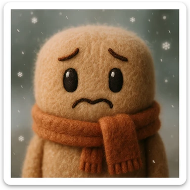 cute plush face, scarf wrapped tightly, shivering, snowflakes around, cold weather sticker