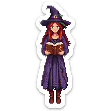 pixel art of a single witch from a cursed coven, holding a spellbook, dark and mysterious sticker