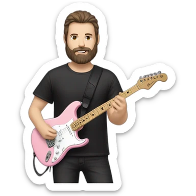 white man with dark beard and black t shirt and pastel pink stratocaster electric guitar sticker