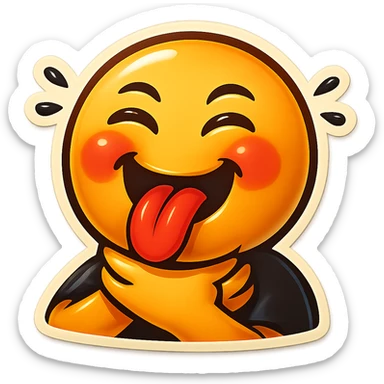 Make the emoji smile while choking itself, keep the same retro stickers style, no background. sticker