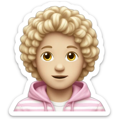 Pale boy, with fluffy hair and wearing a white hoodie with pink stripes sticker