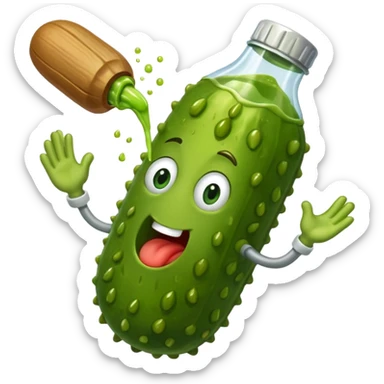 a cartoon pickle with juice squirting from the top of it, being squeezed by a hand sticker