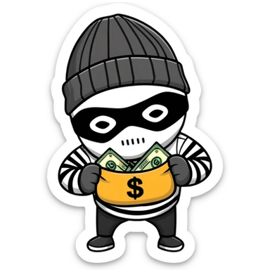 burglar wearing black and white striped shirt, black beanie, black mask over eyes, holding a moneybag sticker