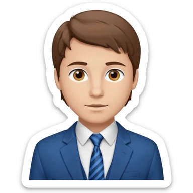 un homme type caucasien brun plutôt jeune avec des jolies traits avec une chemise blanche et une veste a manche longues et cravate bleu il a les yeux marron sticker