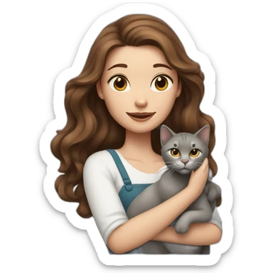 A wite skin woman with wavy brown hair holding a grey cat sticker