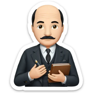 A cinematic-style frame showing Hercule Poirot in his iconic suit with a notebook in a dramatic detective pose. Background should be mysterious city, map, a board with photos of suspects, clues like fingerprints. Transparent background. sticker