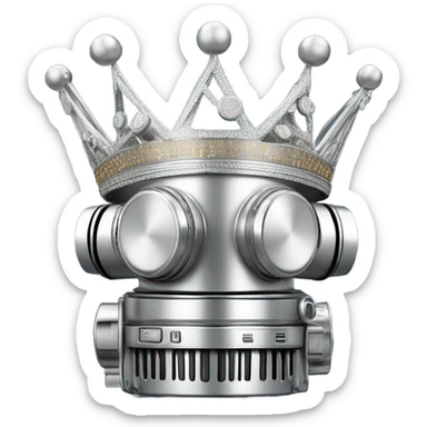 A regal crown made of microphones, cameras, and headline elements, glowing in platinum with dynamic accents, symbolizing five years of unparalleled loyalty sticker