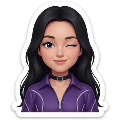 beautiful girl white skin in a y2k dark purple outfit, long black hair, winking sticker