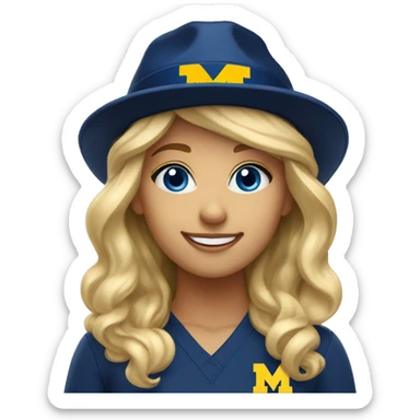 Blonde girl with blue eyes smiling wearing University of Michigan hat sticker