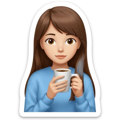 A girl with elongated bangs and long brown hair drinks coffee  sticker