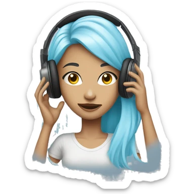 young woman with long light blue hair, listening music, wearing headphones, sticker